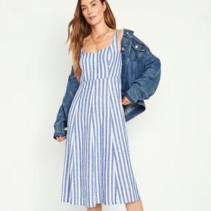 Old Navy Fit & Flare Linen Blend Midi Dress womens large stripe coastal preppy